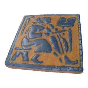 Rare Grueby Pottery 6" X 6" Fiddler Tile in Blue and Yellow Glazes 1905