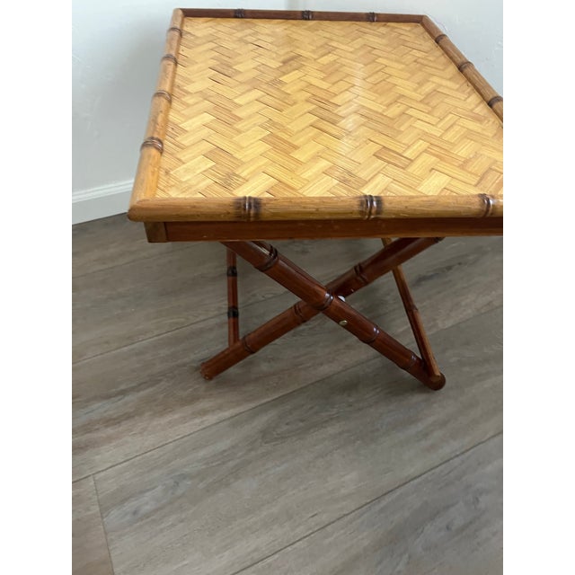 Tan 1970s Mid-Century Modern Handcrafted Rectangular Bamboo Serving Table With a Sturdy X-Base For Sale - Image 8 of 12