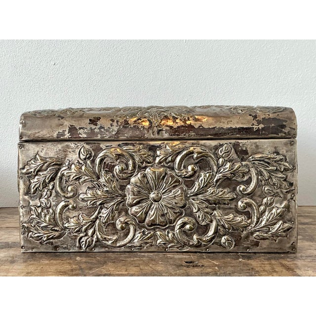 Metal Vintage Hammered Floral Metal Box For Sale - Image 7 of 11