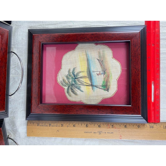 Vintage Tropical Burlap Folk Art Gallery Wall, Set of Six Framed Hand-Painted Village Scenes For Sale - Image 9 of 12