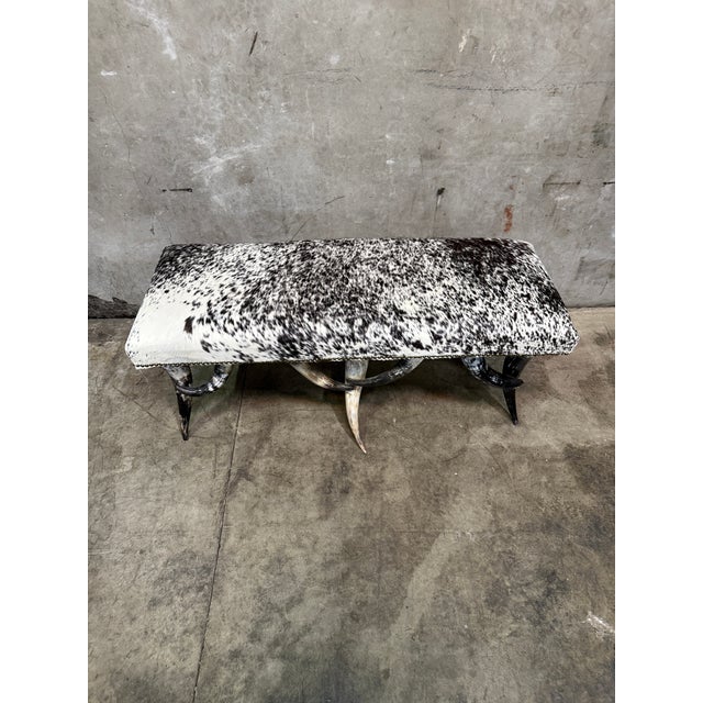 1970s Steer Horn Bench Cowhide Seat Nailhead Western Ranch Longhorn Speckled 48in For Sale - Image 12 of 12