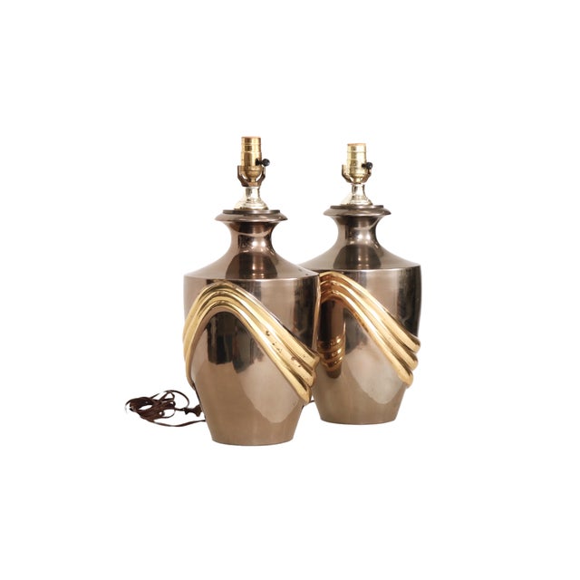 Mid-Century Modern Chrome & Brass Swag Table Lamps, a Pair For Sale - Image 3 of 8