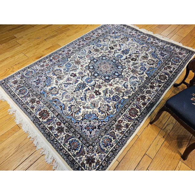 Ivory Vintage Tabriz Design Area Rug, Hand-Knotted Wool, Floral Pattern, Ivory & Blue, 6x8 For Sale - Image 8 of 18