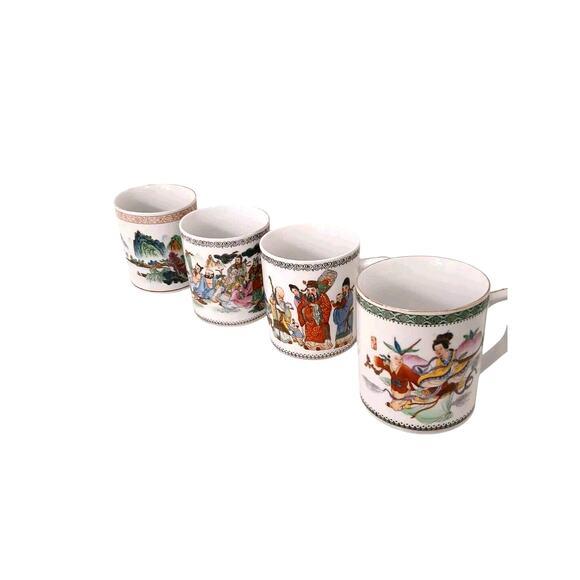 Vintage Chinese Geisha Coffee Tea Hand Painted Oriental Asian China Red Mark - Set of 4 For Sale In San Diego - Image 6 of 12