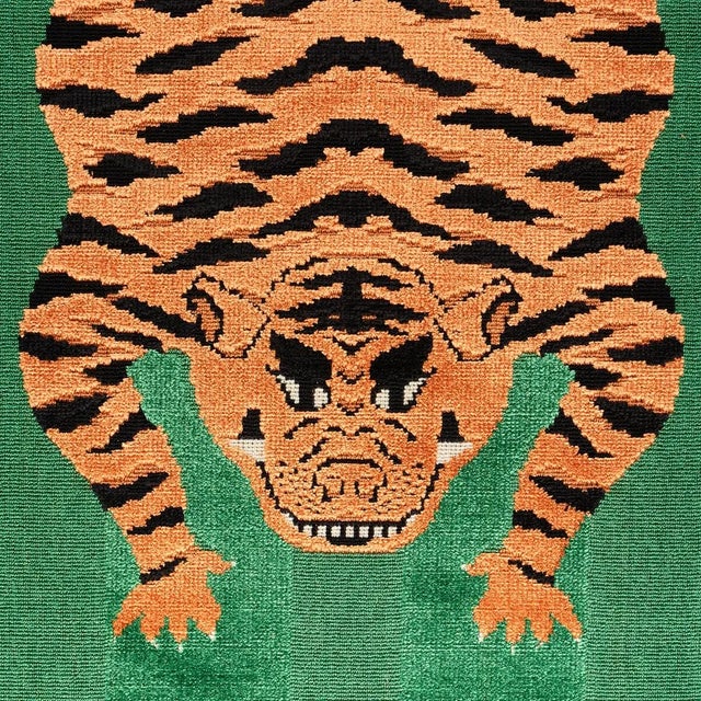 Abstract Schumacher x Johnson Hartig Jokhang Tiger Velvet Fabric in Green & Orange For Sale - Image 3 of 4