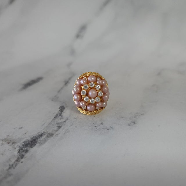 Contemporary Pink Pearl & Diamond Triple Halo Cocktail Ring with Rope Design, Size 3 For Sale - Image 3 of 4