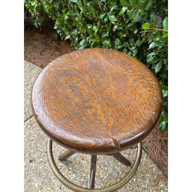 Early 20th Century Early Twentieth Century Heavy Solid Wood and Brass Swivel Industrial Drafting Stool For Sale - Image 4 of 9