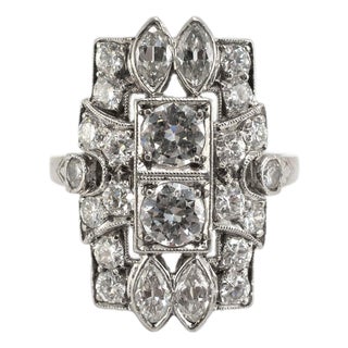 Early 20th Century Antique Edwardian Filigreed Platinum Old European Marquee Diamond Cocktail Ring, Size 3.25 For Sale