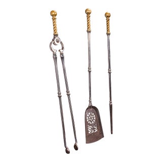 Antique Companion Set, Three Fireside Tools, English, Steel, Brass, Victorian For Sale