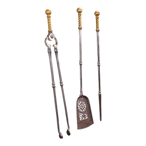 Antique Companion Set, Three Fireside Tools, English, Steel, Brass, Victorian