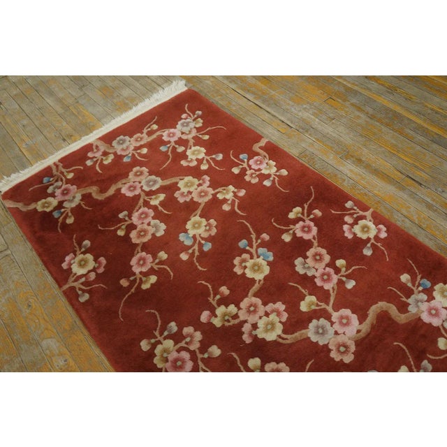 Art Deco Luxurious Ruby Red Color With Lovely Floral Design Chinese Art Deco Rug For Sale - Image 3 of 10