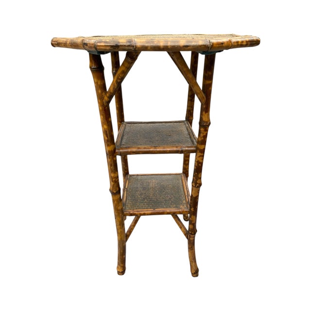 English English Tiger Bamboo Three Tiered Stand With Raffia Matting For Sale - Image 3 of 6
