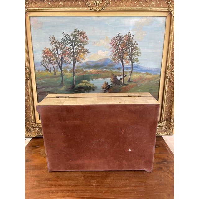 Vintage Possibly Tessellated Stone and Brass Toned Inlay Jewelry or Keepsake Box With Velvet-Like Interior. For Sale - Image 10 of 10