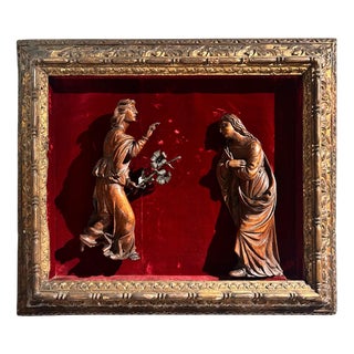 Wooden Annunciation with Carved Frame, 1600s For Sale