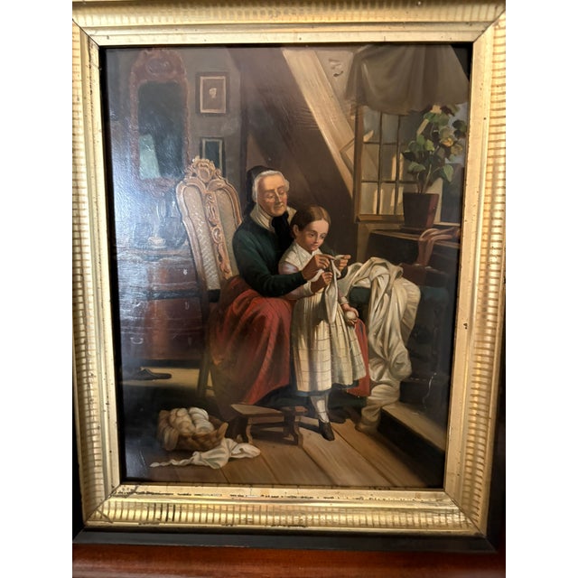 French Framed Oil on Board Depicting "Woman Teaching Granddaughter to Saw", Mid-20th Century For Sale - Image 3 of 6