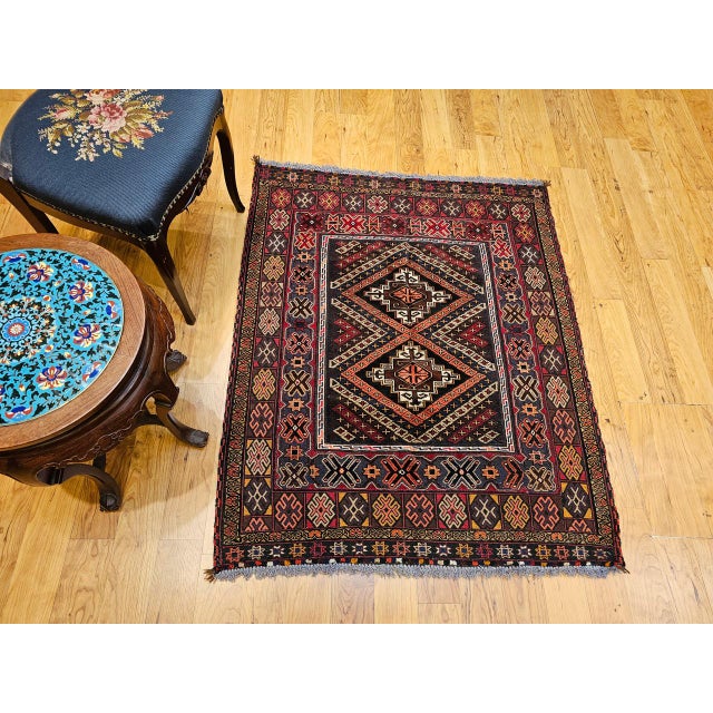 Red Vintage Afghan Baluch Tribal Area Rug in a Near-Square Size in Red, Blue, Brown For Sale - Image 8 of 17