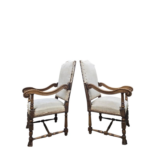 Wood Antique French Henri II Renaissance Revival Carved Walnut Throne Armchairs – 4 For Sale - Image 7 of 11