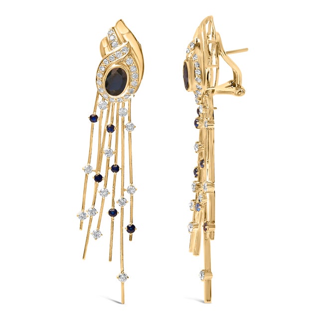 Contemporary 14K Yellow Gold 1.0 Cttw Diamond and Blue Sapphire Chandelier Earrings For Sale - Image 3 of 5