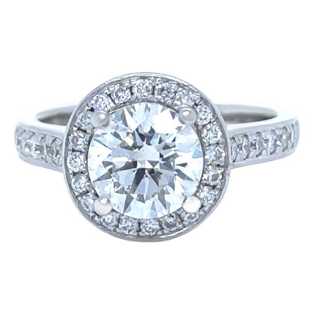 Gia Platinum Round Brilliant Cut Diamond Halo Ring 1.48ct 5.8g, Size 3.75 For Sale