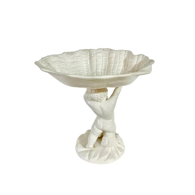Hollywood Regency Vintage Italian Capodimonte Style Ceramic Shell With Putti Cherub Base For Sale - Image 3 of 9