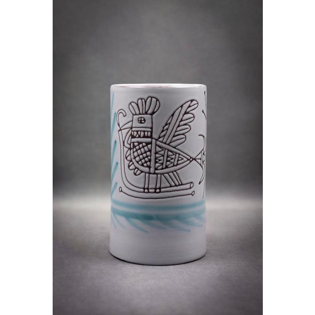 Cylindrical Vase in Glazed Earthenware with Stylized Rooster and Flower by Michel Barbier, Lully, Haute-Savoie, 1970-1986 For Sale - Image 6 of 10