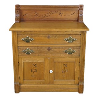 Antique Victorian Eastlake Carved Oak Parlor Cabinet Washstand Commode Chest 30" For Sale