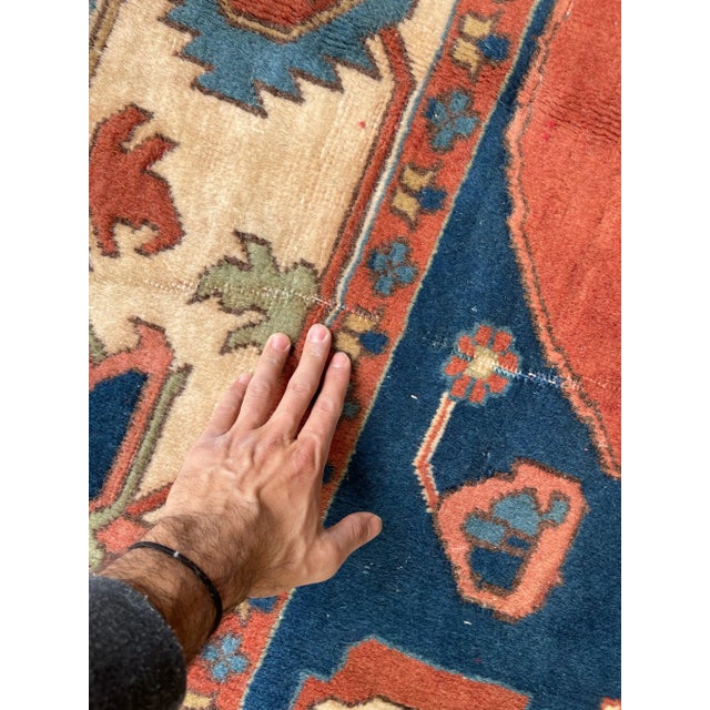 Terra Cotta 1950's Vintage Turkish Serapi Design Rusty Terracotta, Army Green & Sky Blue Rug 7.3 X 10 For Sale - Image 8 of 9