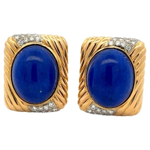 Italian 18k Gold Lapis Lazuli & Diamond Clip Earrings, 1980s