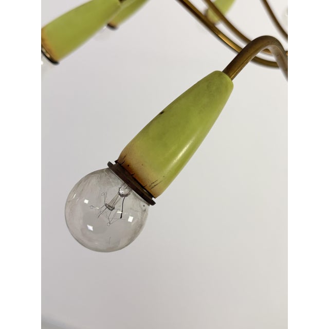 Metal Brass 10-Light Chandelier with Green Cones in the style of Stilnovo, 1950s For Sale - Image 7 of 11