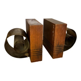Pair of 1960s Mid-Century Modern Wood Bookends With Brass Scroll Detail With Patina For Sale