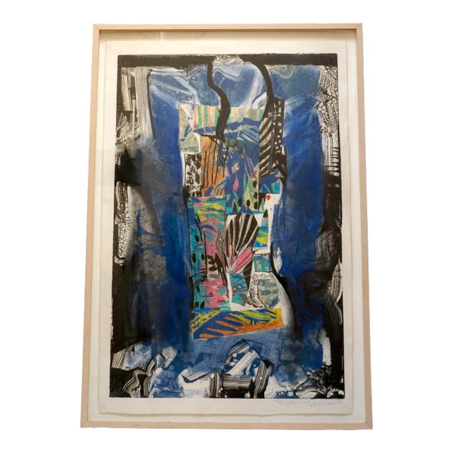 1990 Modern Blue Mixed Media Collage Framed, Signed Cleveland For Sale