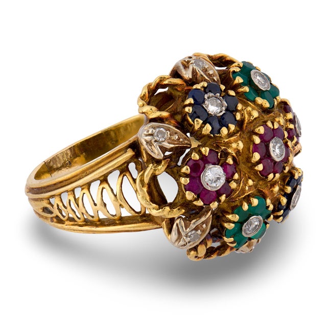 Vintage Gemstone Bouquet Cluster 18k Gold Cocktail Ring, Size 8 For Sale - Image 4 of 6