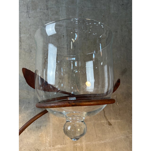Late 20th Century Jan Barboglio Forged Iron Candelabra 2-Arm Vine Leaves Glass Votives Signed 19" For Sale - Image 4 of 11