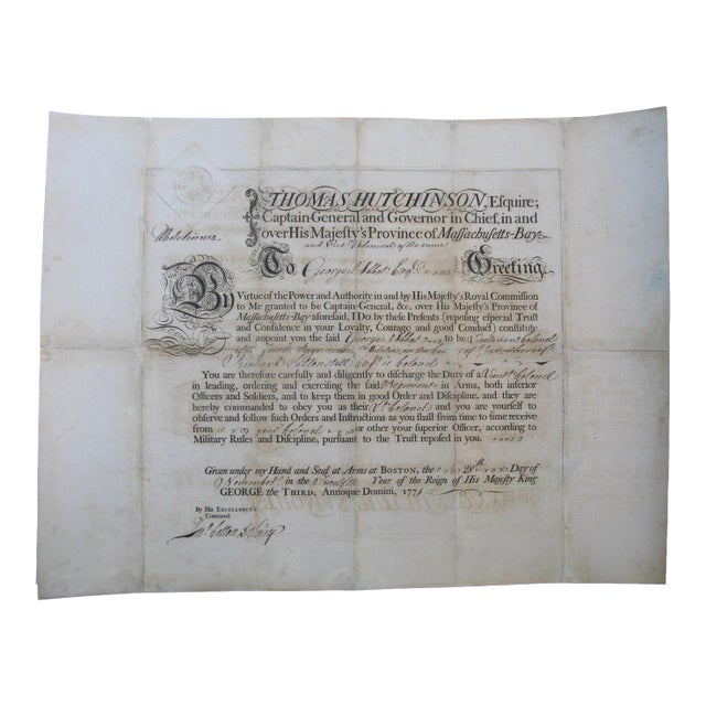 Thomas Hutchinson Appoint George Abbot to Lt. Colonel 4th Militia 1771 Document For Sale