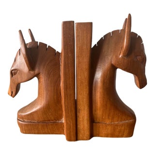 1960s Vintage Hand-Carved Wooden Horse Head Bookends-a Pair For Sale