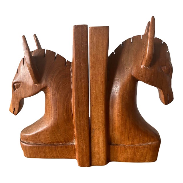 1960s Vintage Hand-Carved Wooden Horse Head Bookends-a Pair For Sale