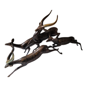 1980s Art Deco Leaping Impalas Bronze Statue by Loet Vanderveen