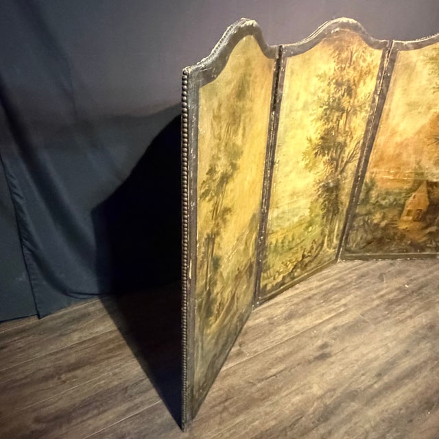 Antique French Painted Screen Depicting Three Figural Landscape Scenes For Sale - Image 13 of 15