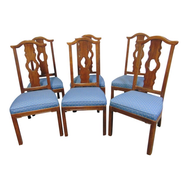 Asian Style Fruitwood Carved Dining Chairs - Set of 6 For Sale
