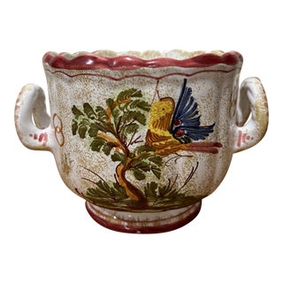 Vintage Italian Handmade Hand Painted Pottery Two Handles Planter Urn For Sale