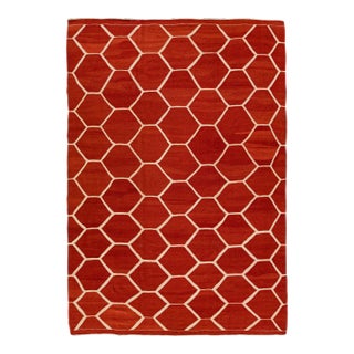 Modern Turkish Kilim Flatweave Geometric Pattern Orange Rust Wool Rug For Sale