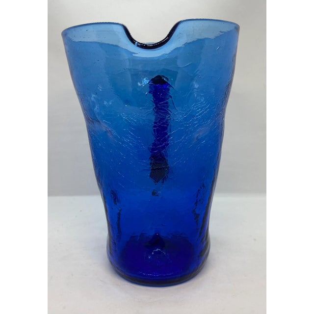 Mid-Century Modern Mid-Century West Virginia Bischoff Glass Company Cobalt Blue Crackle Glass Pitcher For Sale - Image 3 of 12