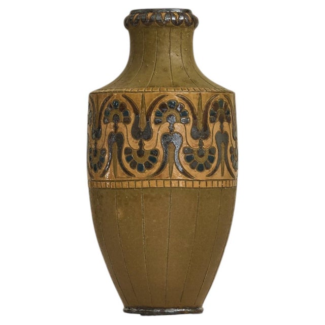 Vintage French Ceramic Vase with Geometric and Flower Motifs For Sale