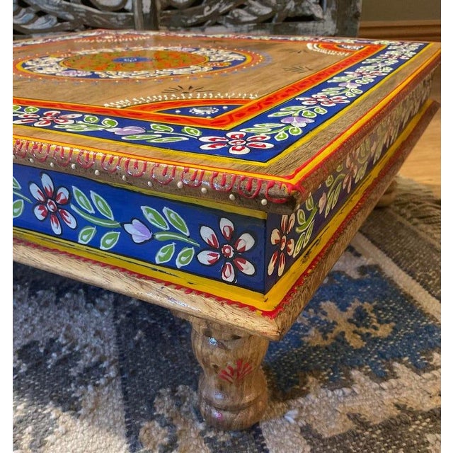 Handmade Mango Wood Bajot Table - 18" Hand Painted Indian Chowki - Mandala Floor Table for Meditation, Boho Coffee Table,...