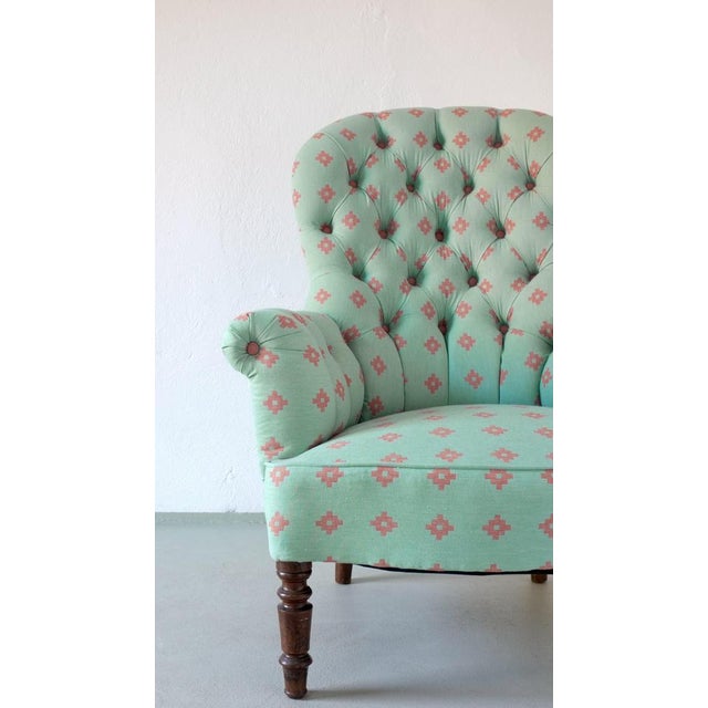 Wood Vintage Green Coral Button Back Armchair, Belgium For Sale - Image 7 of 9