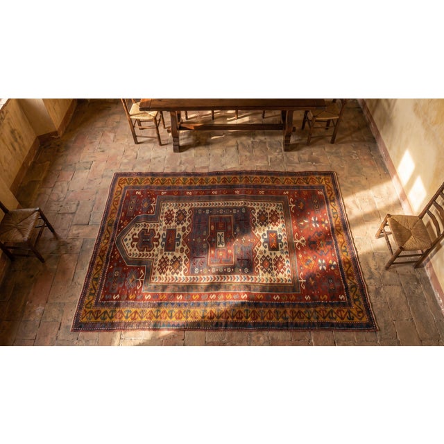 1890s Ivory Red Geometric Antique Caucasian Kazak Fachralo Prayer Rug 3'9" X 6' Handknotted Wool Carpet For Sale - Image 9 of 9