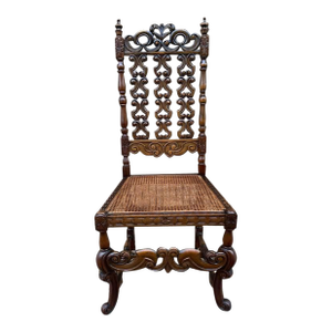 Antique Early 20th Century Heavily Carved Walnut Charles Ii Style Cane Seat Side Chair
