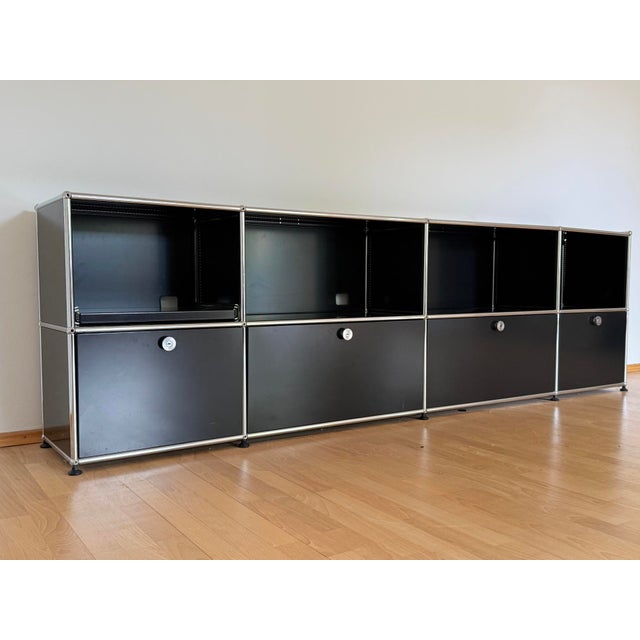 Industrial Black Ral 9011 Sideboard with 8 Compartments, 4 Doors and Pull-Out Shelf by Fritz Haller for USM Haller, Switzerland, 2000s For Sale - Image 3 of 18