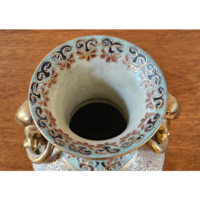 Vintage Royal Satsuma Hand-Painted Porcelain Urn Vase With Moriage & Gilt Handles For Sale - Image 16 of 17