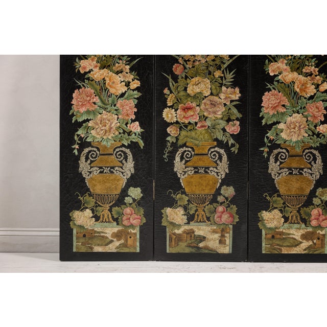 Black Black Lacquer Chinese Four-Panel Screen with Polychrome Floral Décor For Sale - Image 8 of 12